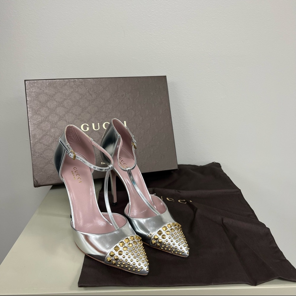 GUCCI Studded Silver Sandal Heel